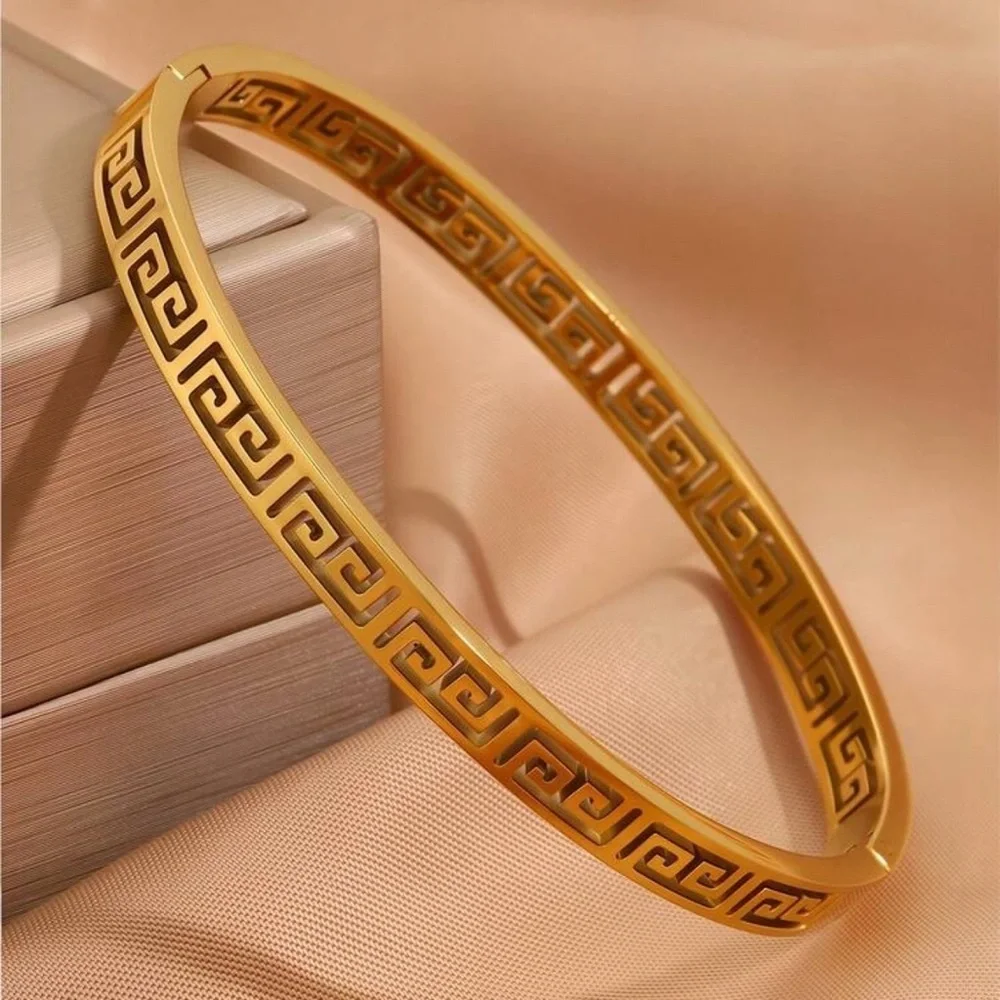 Gold Plated Stainless Steel Greek Key Bangle Bracelet Designer Style Cuff